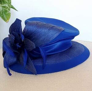 Elite Champagne Royal Blue Derby Church Hat Feathers/Floral Embellished, OS, EUC
